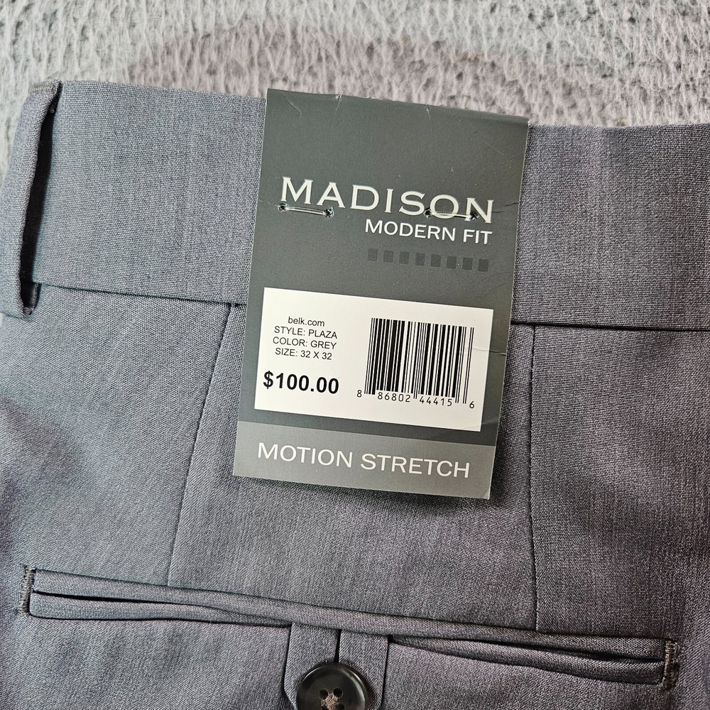 $100 NWT Madison Dress Pants Men 32 x 32 Modern Fit Gray Flat Front‎